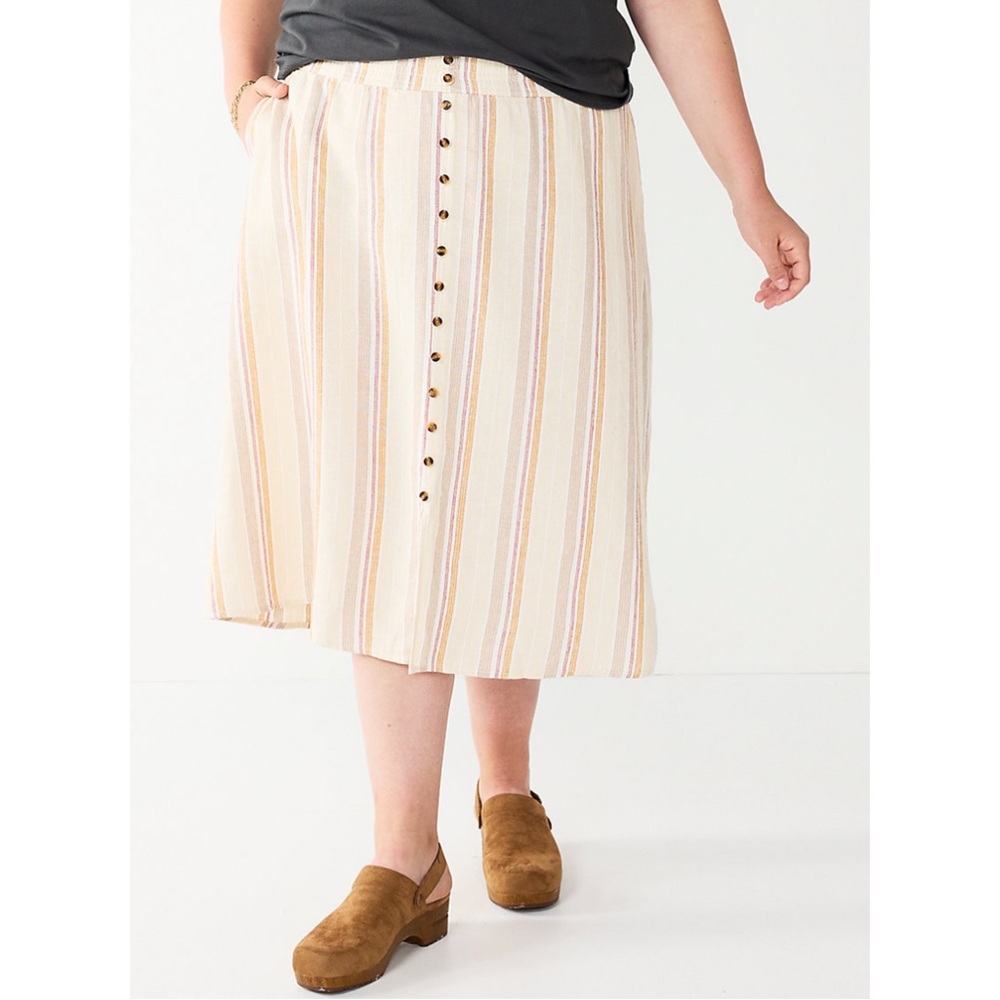 NWT Sonoma Vented Button-Front Midi Skirt Linen Blend Neutral Stripe Plus SZ 3X